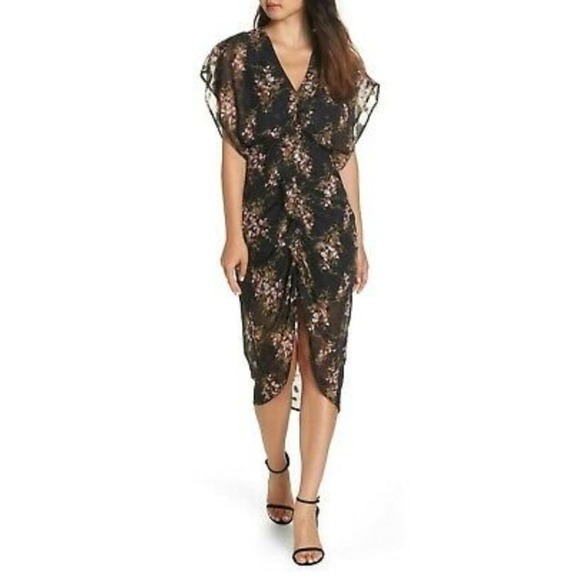 Anthropologie Dresses & Skirts - Anthro Foxiedox Black Floral Flutter Sleeve‎ Ruched V Neck Midi Dress Size 6